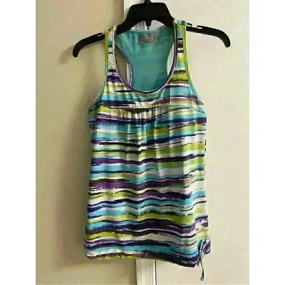 ATHLETA WOMEN'S Racer Back Multicolor Stretchy with Attached Bra Tank Top, Small